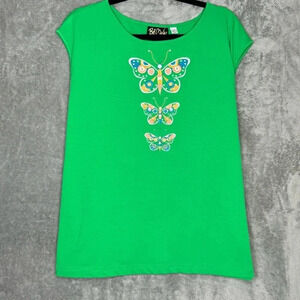 Bob Macke 1X Tank Top Shirt Green Butterfly Embroidered‎ Sleeveless Round Neck
